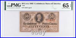 T-63 1863 Confederate States 50 Cents 50c Civil War Banknote Currency, PMG 65
