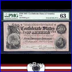 T-64 1864 $500 CONFEDERATE STATES Paper Money Civil War Currency PMG 63 22122