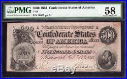 T-64 1864 $500 Confederate States Currency PMG 58 Civil War 30033