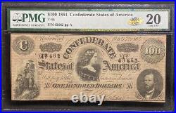 T-65 $100 1864 Confederate States Banknote Civil War Confederacy Money PMG VF 20