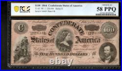 T-65 $100 1864 Confederate States Currency Civil War Banknote, PCGS 58PPQ AA18