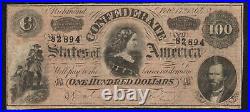 T-65 1864 $100 Confederate Currency CIVIL War Bill 82894