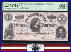 T-65 1864 $100 Confederate Currency Pmg 58 Epq CIVIL War Note 49915
