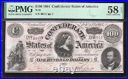 T-65 1864 $100 Confederate Currency Pmg 58 Epq CIVIL War Note 49915