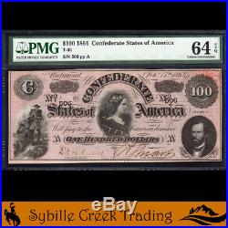 T-65 1864 $100 Confederate Currency Pmg 64 Epq CIVIL War Bill 506