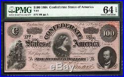 T-65 1864 $100 Confederate Currency Pmg 64 Epq CIVIL War Bill 506