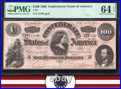 T-65 1864 $100 Confederate Currency Pmg 64 Epq CIVIL War Note 15109