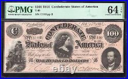 T-65 1864 $100 Confederate Currency Pmg 64 Epq CIVIL War Note 15109