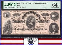 T-65 1864 $100 Confederate Currency Pmg 64 Epq CIVIL War Note 15182