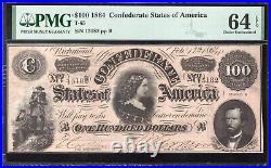 T-65 1864 $100 Confederate Currency Pmg 64 Epq CIVIL War Note 15182