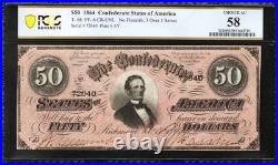 T-66 1864 $50 Confederate Currency Pcgs 58 CIVIL War Bill 72040