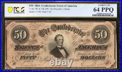 T-66 1864 $50 Confederate Currency Pcgs 64 Ppq CIVIL War Bill 31396-17