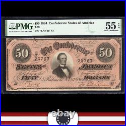 T-66 1864 $50 Confederate Currency Pmg 55 Epq CIVIL War Bill 75767
