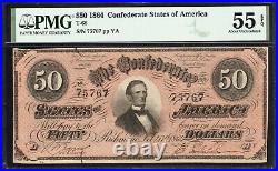 T-66 1864 $50 Confederate Currency Pmg 55 Epq CIVIL War Bill 75767