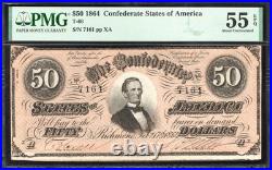 T-66 1864 $50 Confederate Currency Pmg 55 Epq CIVIL War Note 7161-10