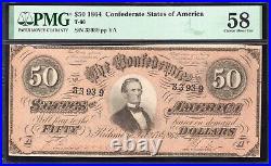 T-66 1864 $50 Confederate Currency Pmg 58 CIVIL War Note 33939