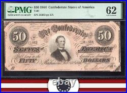 T-66 1864 $50 Confederate Currency Pmg 62 CIVIL War Fifty Dollar Bill 31363