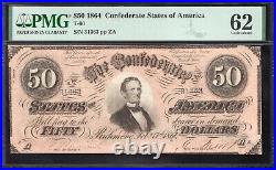 T-66 1864 $50 Confederate Currency Pmg 62 CIVIL War Fifty Dollar Bill 31363