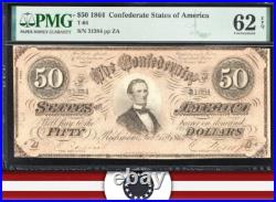 T-66 1864 $50 Confederate Currency Pmg 62 Epq CIVIL War Fifty Dollar Bill 31384