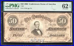 T-66 1864 $50 Confederate Currency Pmg 62 Epq CIVIL War Fifty Dollar Bill 31384