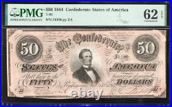T-66 1864 $50 Confederate Currency Pmg 62 Epq CIVIL War Note 31390