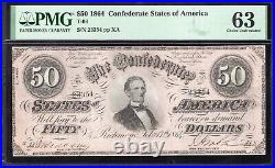 T-66 1864 $50 Confederate Currency Pmg 63 CIVIL War Note 23354
