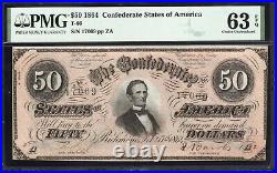 T-66 1864 $50 Confederate Currency Pmg 63 Epq CIVIL War Bill 17069