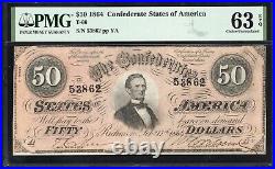 T-66 1864 $50 Confederate Currency Pmg 63 Epq CIVIL War Bill 53862