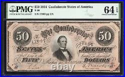 T-66 1864 $50 Confederate Currency Pmg 64 Epq CIVIL War Bill 17067
