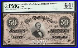 T-66 1864 $50 Confederate Currency Pmg 64 Epq CIVIL War Bill 17075