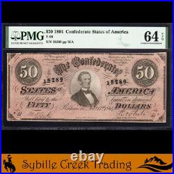 T-66 1864 $50 Confederate Currency Pmg 64 Epq CIVIL War Bill 18289