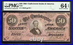 T-66 1864 $50 Confederate Currency Pmg 64 Epq CIVIL War Bill 18289