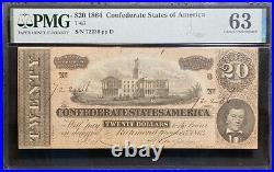 T-67 $20 1864 Confederate States Banknote Civil War Confederacy Money PMG UNC 63