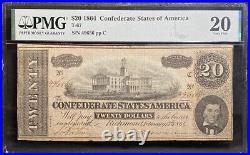 T-67 $20 1864 Confederate States Banknote Civil War Confederacy Money, PMG VF 20