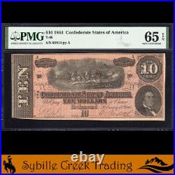 T-68 1864 $10 Confederate Currency Gem Pmg 65 Epq CIVIL War Bill 69914