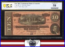 T-68 1864 $10 Confederate Currency Pcgs 58 CIVIL War Ten Dollar Bill 79247