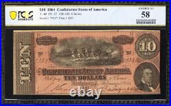 T-68 1864 $10 Confederate Currency Pcgs 58 CIVIL War Ten Dollar Bill 79247