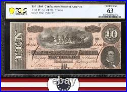 T-68 1864 $10 Confederate Currency Pcgs 63 CIVIL War Ten Dollar Bill 41127