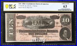 T-68 1864 $10 Confederate Currency Pcgs 63 CIVIL War Ten Dollar Bill 41132