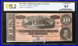 T-68 1864 $10 Confederate Currency Pcgs 63 CIVIL War Ten Dollar Bill 41135