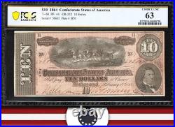 T-68 1864 $10 Confederate Currency Pcgs 63 CIVIL War Ten Dollar Bill 50605