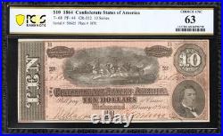 T-68 1864 $10 Confederate Currency Pcgs 63 CIVIL War Ten Dollar Bill 50605