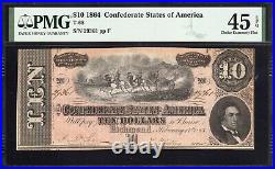 T-68 1864 $10 Confederate Currency Pmg 45 Epq CIVIL War Bill 29361