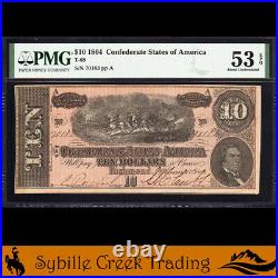 T-68 1864 $10 Confederate Currency Pmg 53 Epq CIVIL War Bill 70183