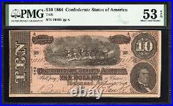 T-68 1864 $10 Confederate Currency Pmg 53 Epq CIVIL War Bill 70183