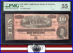 T-68 1864 $10 Confederate Currency Pmg 55 CIVIL War Ten Dollar Bill 33653