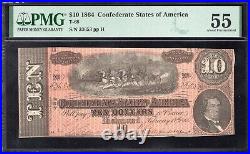 T-68 1864 $10 Confederate Currency Pmg 55 CIVIL War Ten Dollar Bill 33653