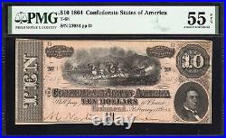 T-68 1864 $10 Confederate Currency Pmg 55 Epq CIVIL War Bill 27054