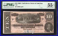 T-68 1864 $10 Confederate Currency Pmg 55 Epq CIVIL War Bill 67003