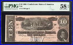T-68 1864 $10 Confederate Currency Pmg 58 Epq CIVIL War Bill 67004